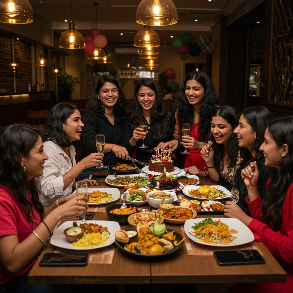 Indian couple celebrating their anniversary at Annakoot Restaurant Vrindavan with pure vegetarian sattvik dining and warm romantic ambience.